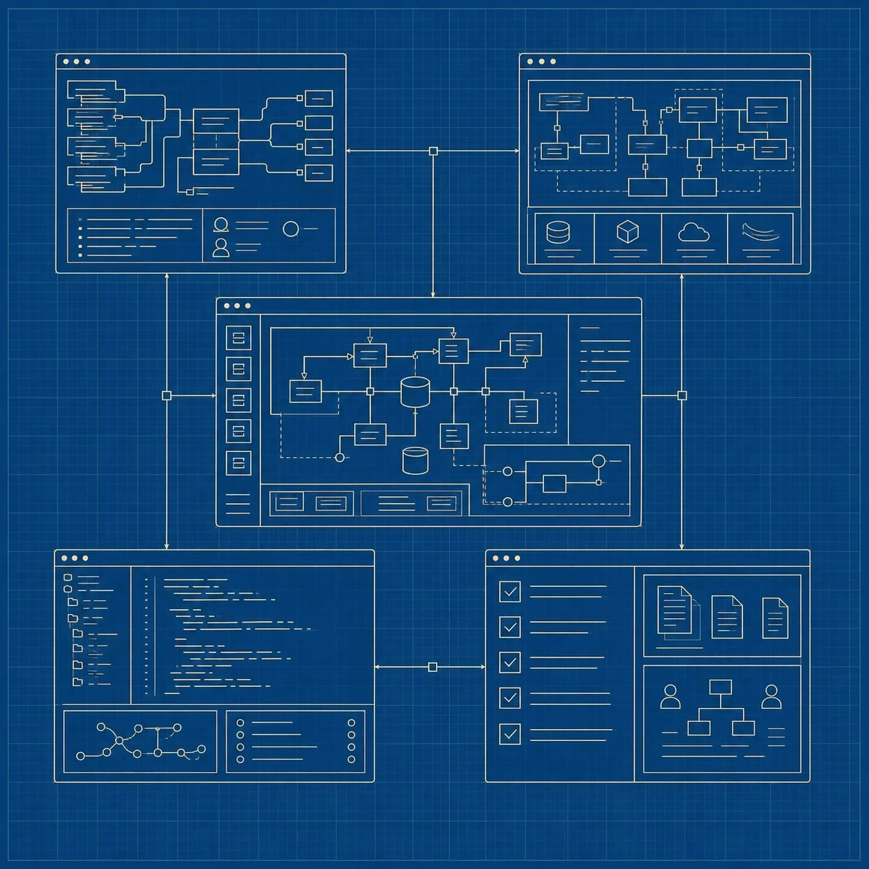Connected software views representing requirements, architecture, implementation, assurance and handover across an Orion's Arm engagement.