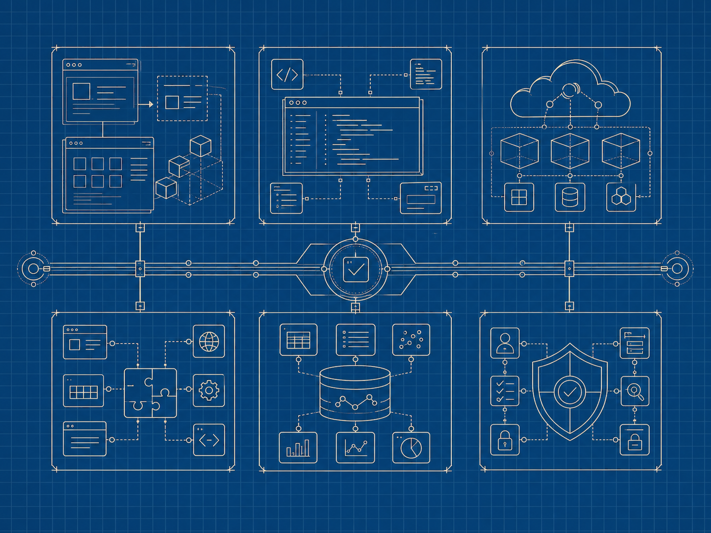 Six software engineering disciplines connected through one shared delivery standard: modernisation, application development, cloud platforms, systems integration, data and assurance.
