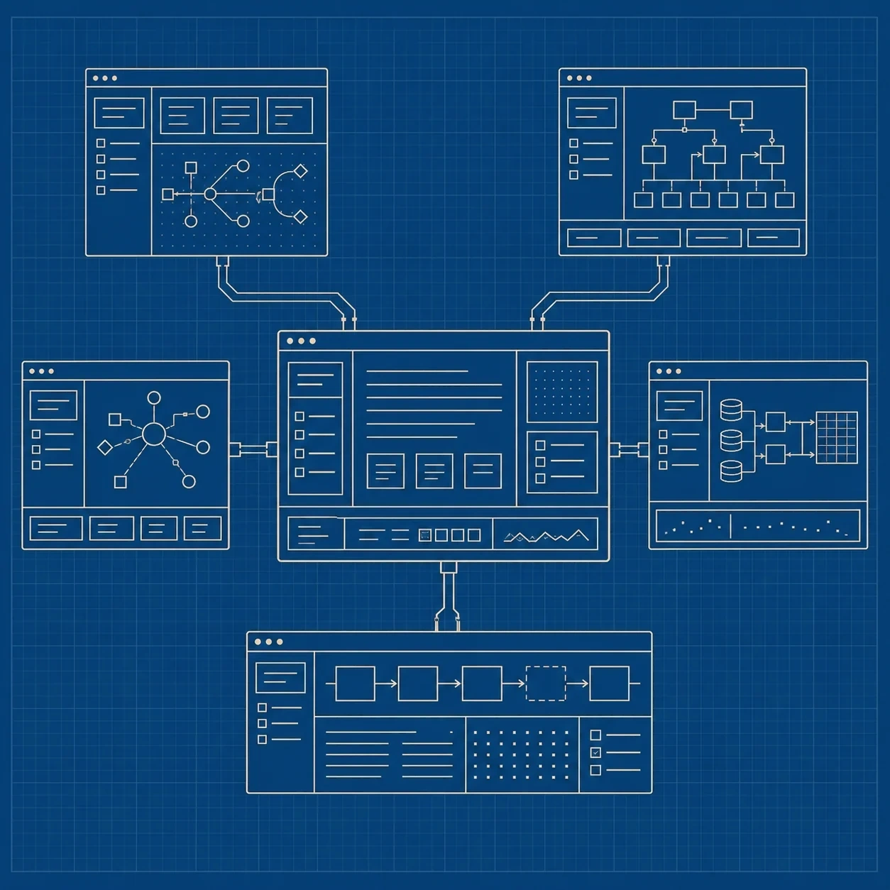 Connected software workstreams representing discovery, architecture, application delivery, integration, data, modernisation and assurance engagements.