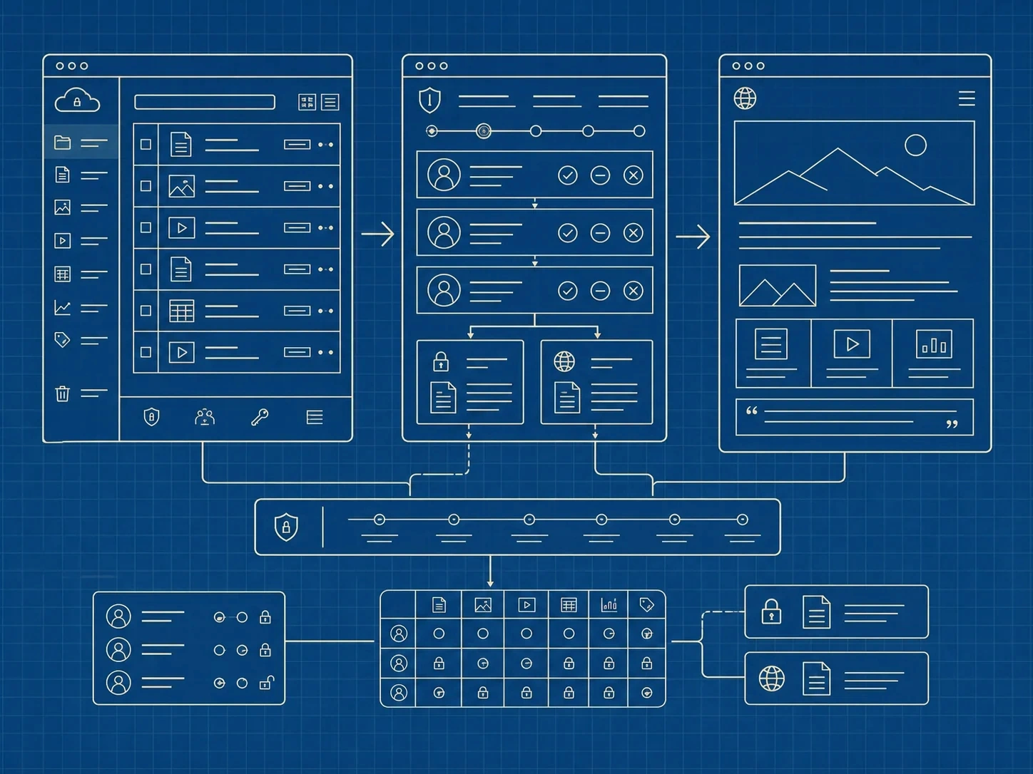 A digital workflow moving private project evidence through review, permission and confidentiality controls before public release.