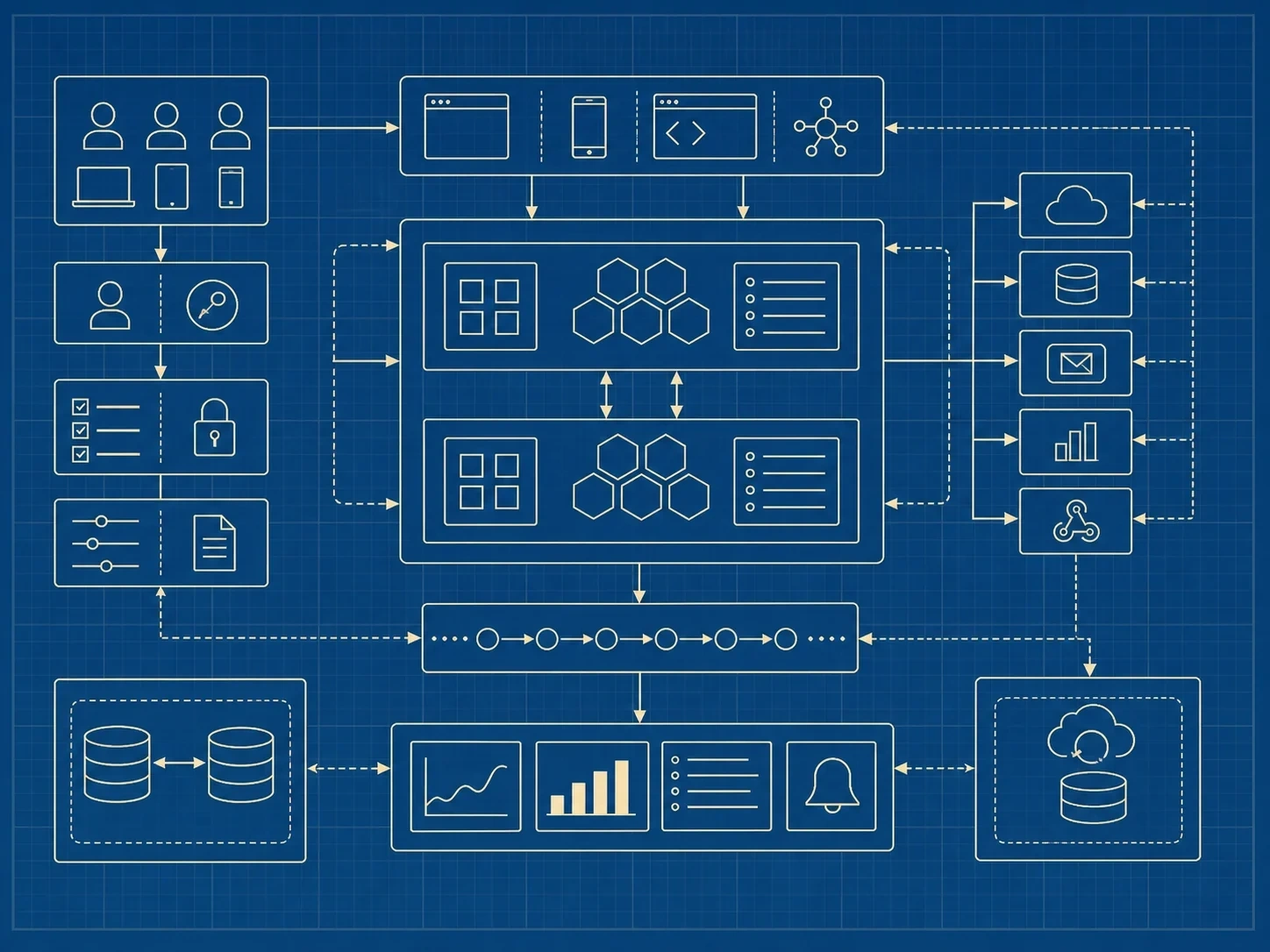 A resilient service topology connecting identity, application, data, observability and recovery controls.